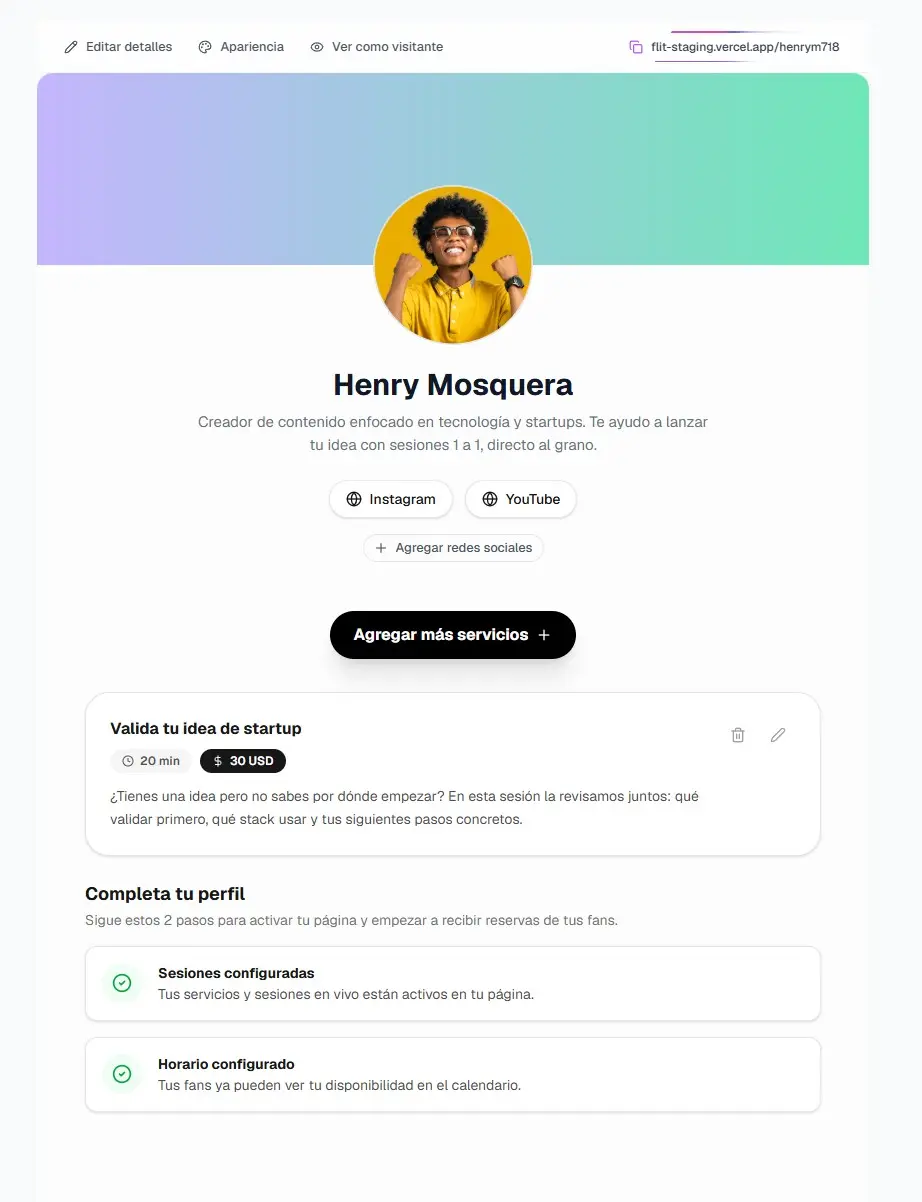 Página pública de un creador en Fliitch